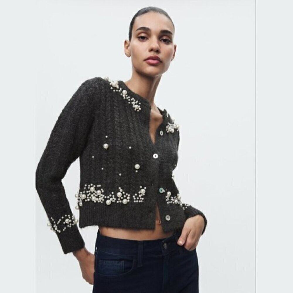 Zara NWT Gray Pearl Embellished Wool Blend Cardigan L - Picture 13 of 16